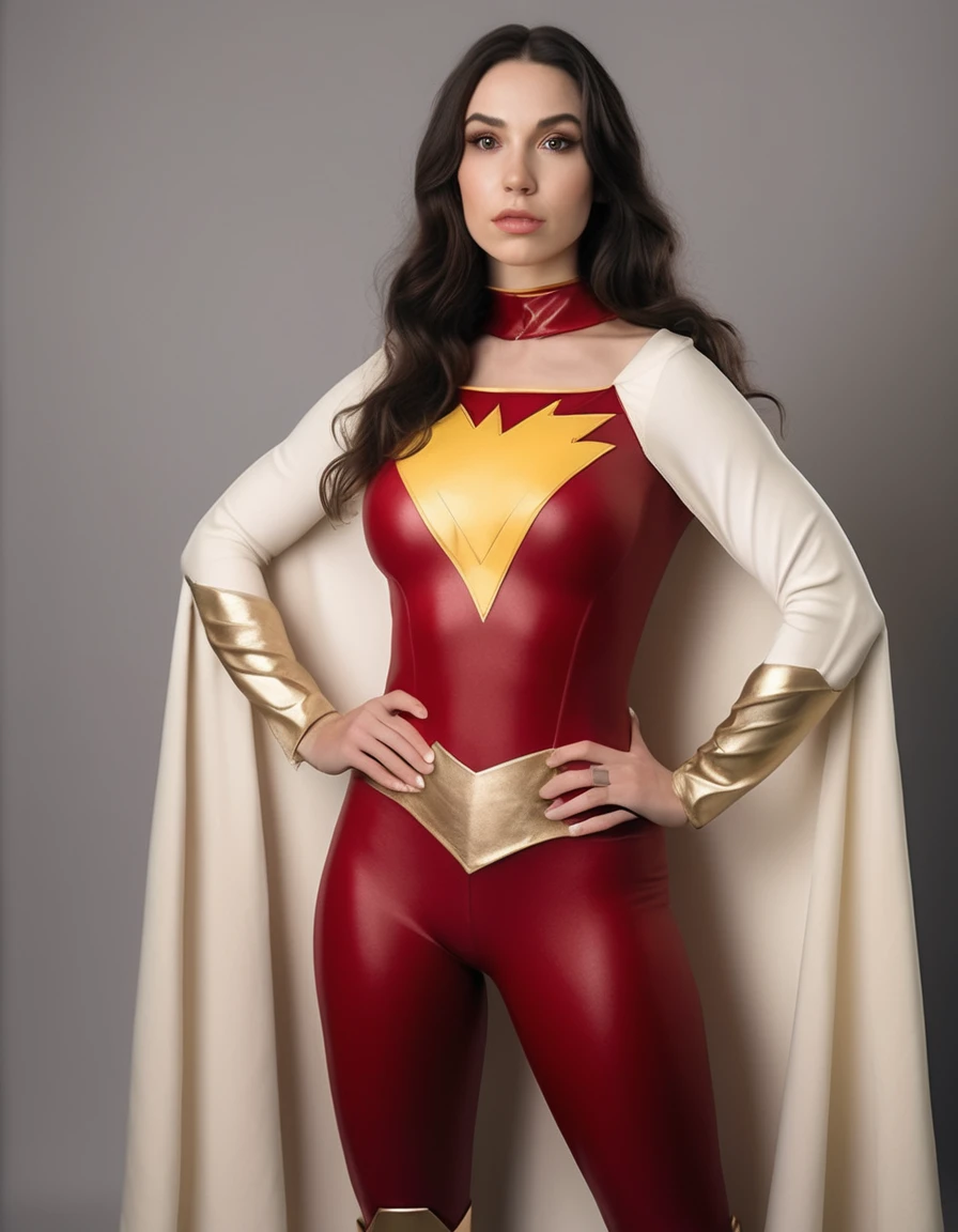 professional portrait photo of Grccrlncrry woman, looking at the camera, highly detailed, skin texture, cosplaying as Mary Marvel of the DC universe of comics. Busty outfit and skin tight costume. 