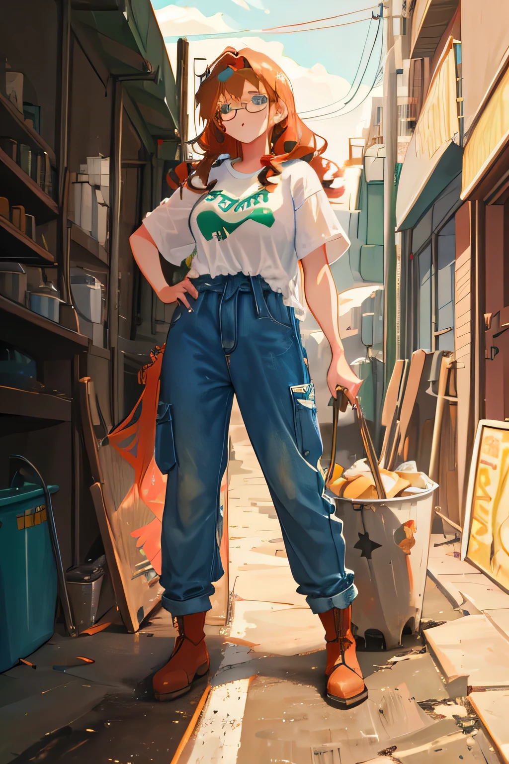 "a girl with green eyes, red wavy hair, freckles on the body, potato nose, wears a simple t-shirt that is always dirty with grease, blue denim jumpsuit, jacket on the waist, brown boots and welding glasses."