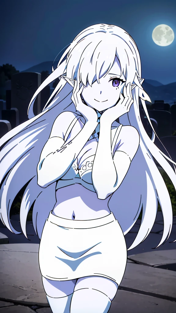 (1girl,20s,mature female),solo,white hair,long hair,(((white skin,colored skin))),elf ears,(((hair over one eye))),((white bra,white pencil mini skirt)),(night,moon,graveyard),(smile,yandere,yandere trance),hands on own face,hands on own cheeks,((Mummy))