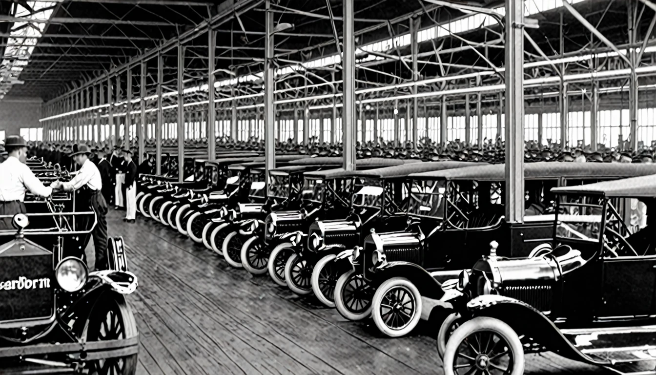 A split image: one half showing a Model T assembly line, the other half depicting stacks of the Dearborn Independent newspaper."