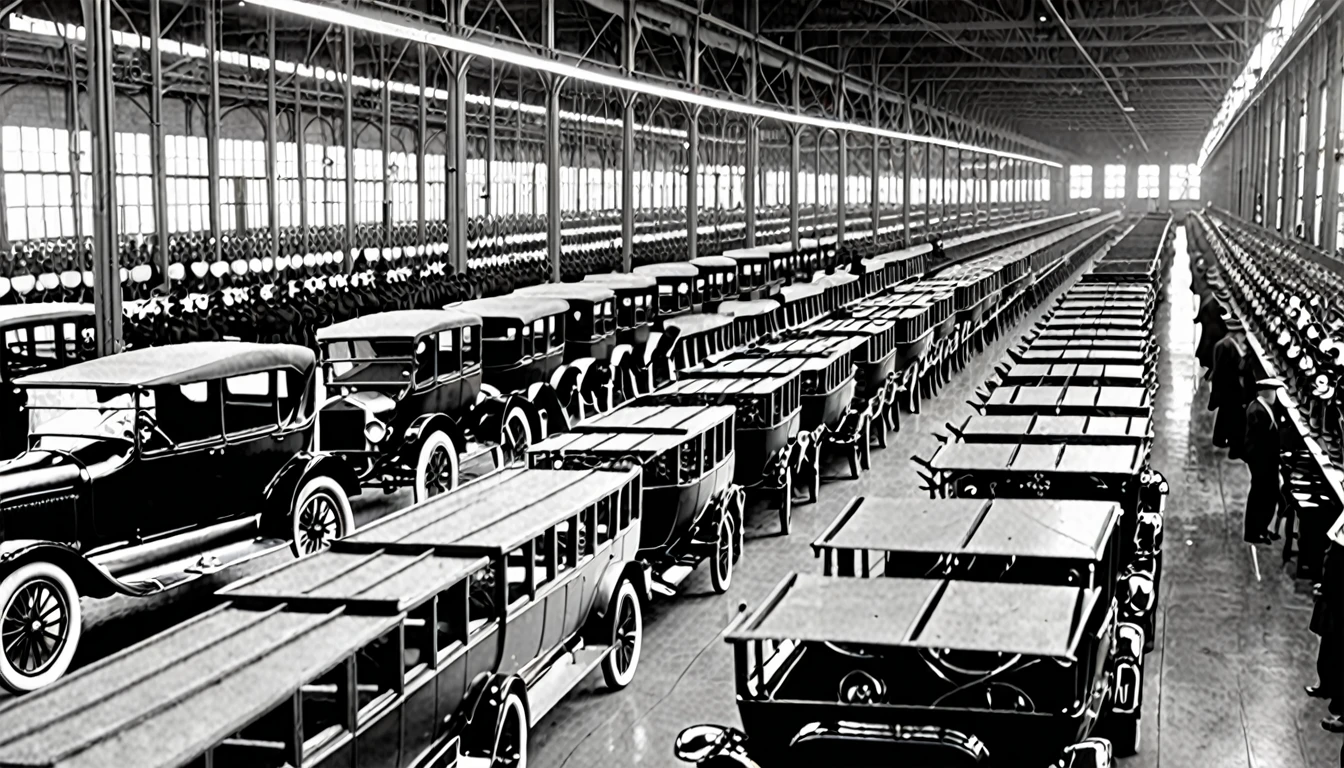 A split image: one half showing a Model T assembly line, the other half depicting stacks of the Dearborn Independent newspaper."
