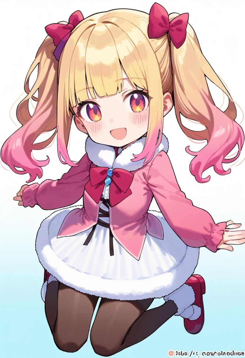 score_9, 1girl, twintails, smile, solo, bow, long_hair, bangs, blue_bow, chibi, white_background, dress, blonde_hair, watermark, very_long_hair, brown_eyes, hair_bow, looking_at_viewer, pink_hair, blush, fur_trim, animal_ears, pantyhose, blue_dress, gradient_hair, full_body, brown_footwear, multicolored_hair, blunt_bangs, hair_ornament, virtual_youtuber, artist_name