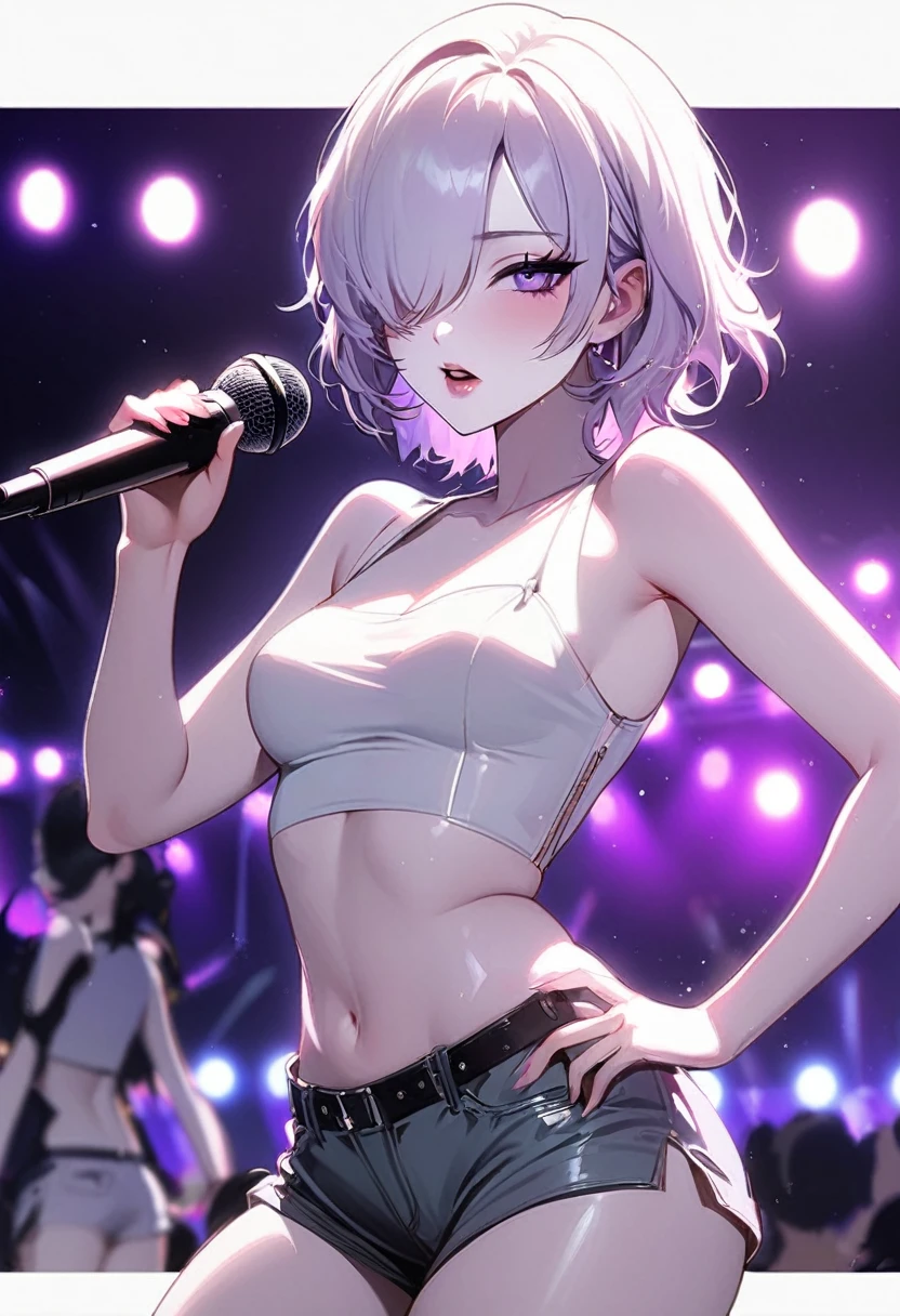 Girl, K-pop, idol, singing, stage, purple lights, beautiful, ethereal, Korean, hot, girl crush concept, pale skin, defined lips, curves, face focus, wink, korean, albino, crop top, shorts, slim, pretty, delicate, sexy, seductive, microphone, playful, solo, (Hair Over One Eye), short hair, feminine