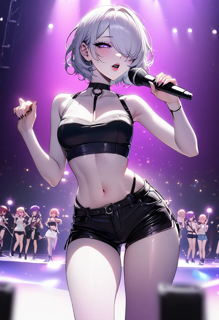 Girl, K-pop, idol, singing, stage, purple lights, beautiful, ethereal, Korean, hot, girl crush concept, pale skin, defined lips, curves, face focus, wink, korean, albino, crop top, shorts, slim, pretty, delicate, sexy, seductive, microphone, playful, solo, (Hair Over One Eye), short hair, feminine