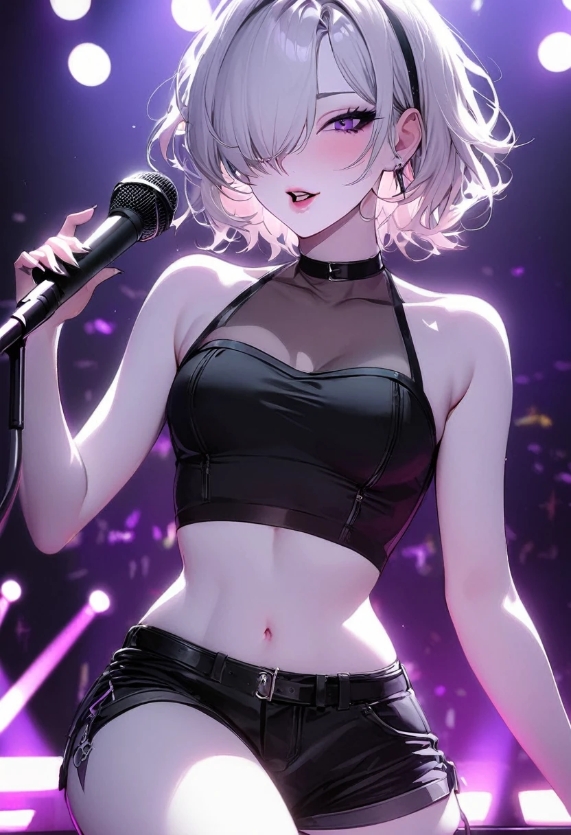 Girl, K-pop, idol, singing, stage, purple lights, beautiful, ethereal, Korean, hot, girl crush concept, pale skin, defined lips, curves, face focus, wink, korean, albino, crop top, shorts, slim, pretty, delicate, sexy, seductive, microphone, playful, solo, (Hair Over One Eye), short hair, feminine