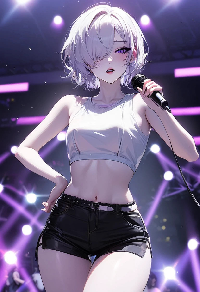 Girl, K-pop, idol, singing, stage, purple lights, beautiful, ethereal, Korean, hot, girl crush concept, pale skin, defined lips, curves, face focus, wink, korean, albino, crop top, shorts, slim, pretty, delicate, sexy, seductive, microphone, playful, solo, (Hair Over One Eye), short hair, feminine