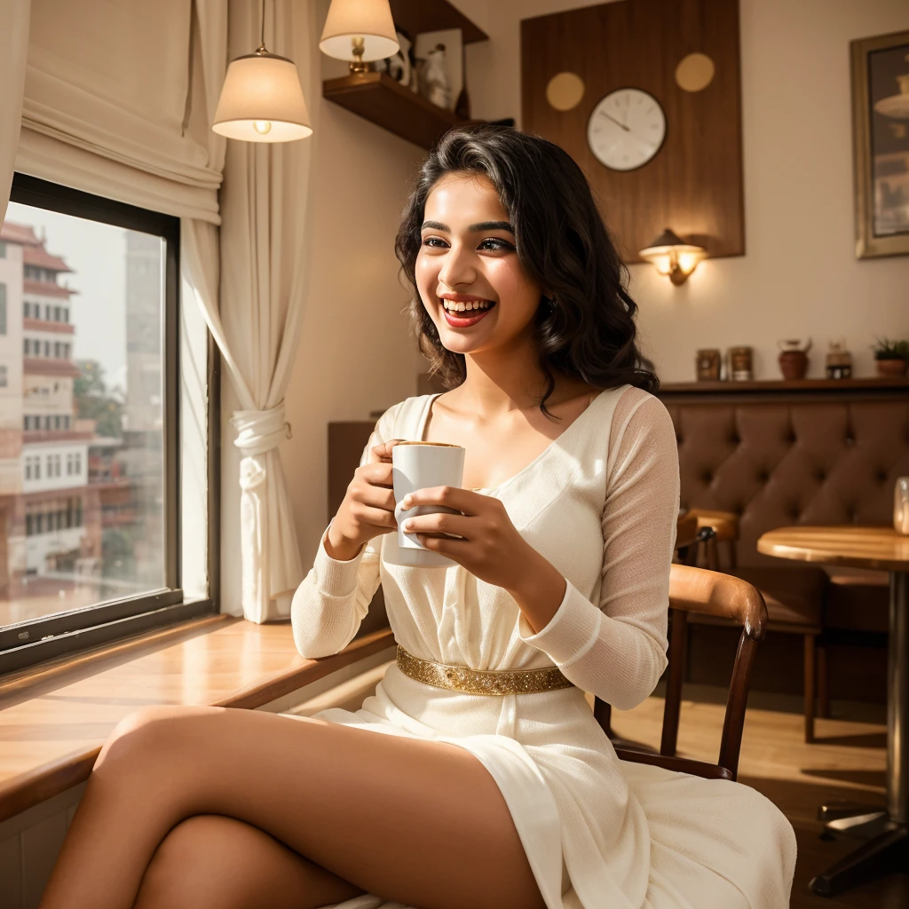 Day light Moment: An glamorous 22years old Indian girl with white skin tone is laughing out loud while sitting a formal dress in a cozy cafe with a hot cup of coffee in her hand and the soft lighting adds to the ambiance overall picture quality High definition resolution.