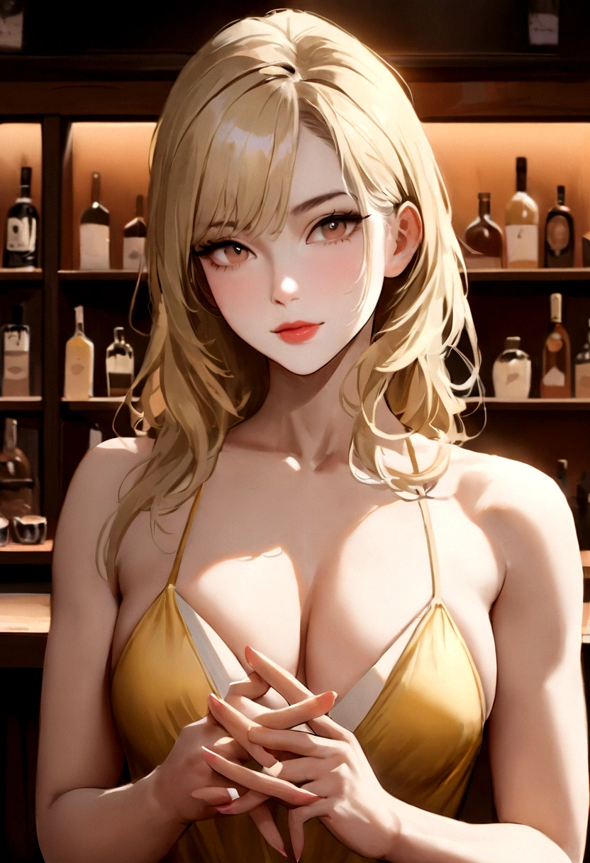 photorealestic, best quality, Hyperdetailed, beautiful muscular woman with natural blonde hair, breathtaking beauty, attractive face and body, attractive woman, a beautiful blonde, Beautiful blonde woman, Loving woman, gorgeous woman, beautiful body and face, sexy girl, Beautifully detailed body and face, beautiful hands, detailed hands, Beautiful detailed fingers, professional photo, front view, alone, wearing a sexy yellow dress, 95D, Decollete, indoors, (daytime), in a bar, film grain, Upper body shot, Ultra high resolution, Best Shadow