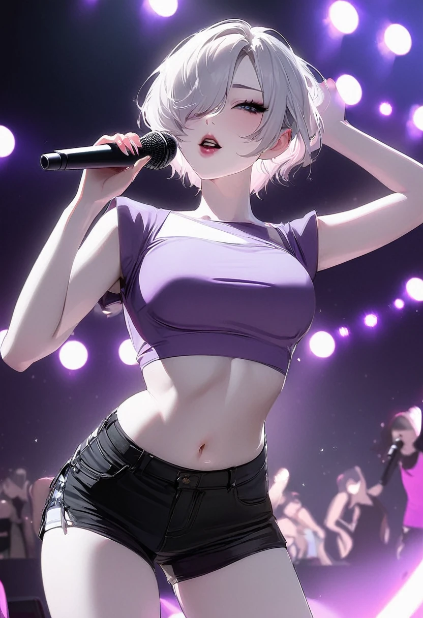 Girl, K-pop, idol, singing, stage, purple lights, beautiful, ethereal, Korean, hot, girl crush concept, pale skin, defined lips, curves, face focus, wink, korean, albino, crop top, shorts, slim, pretty, delicate, sexy, seductive, microphone, playful, solo, (Hair Over One Eye), short hair, feminine