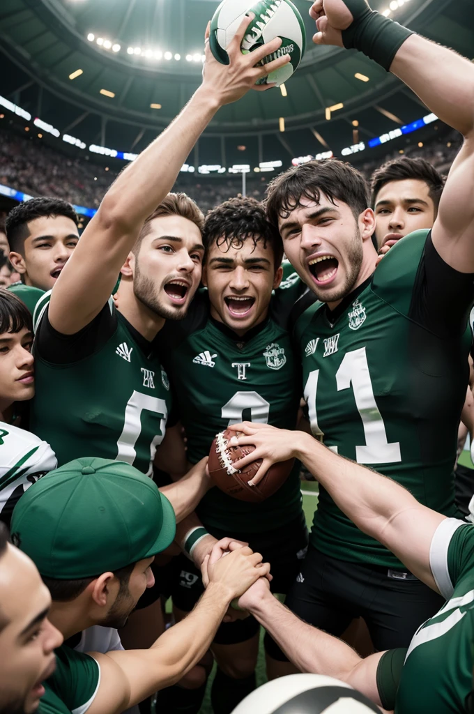 Green and black football team celebrating a title