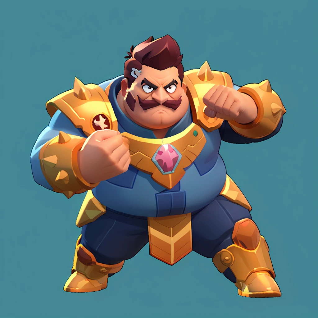 an obese businessman, in a blue suit, blue cyberpunk hairstyle and mustache, in gold armor encrusted with diamonds, in fighting pose
