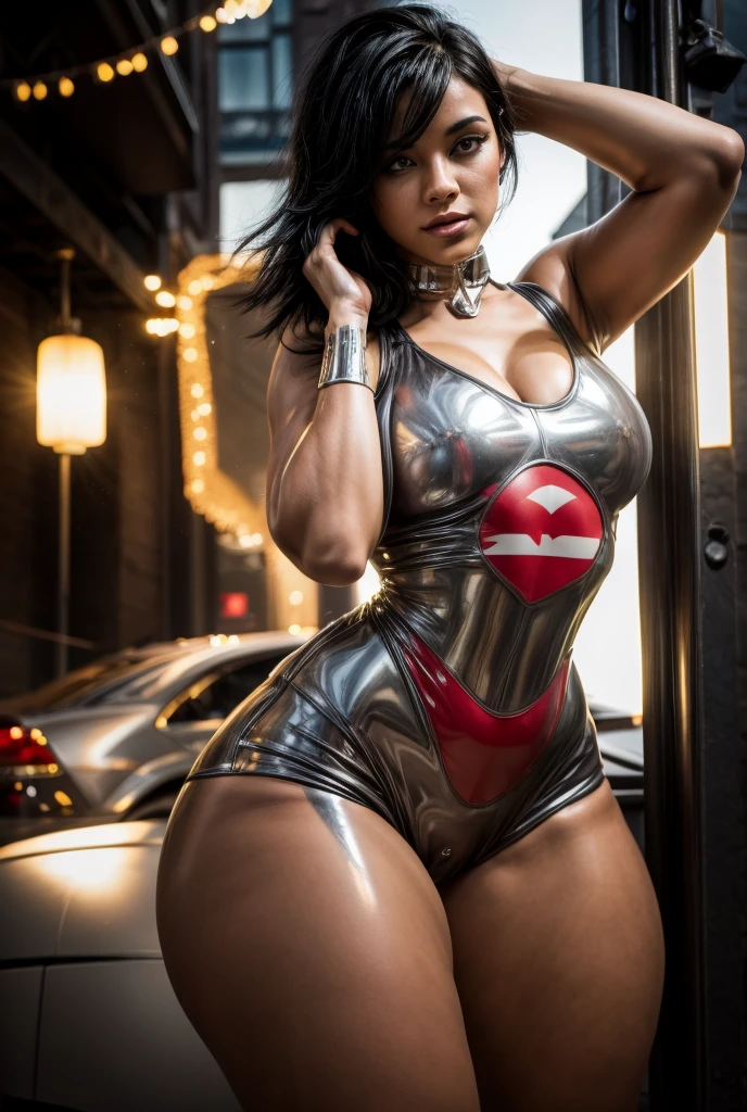 Beautiful woman with short black hair and incredible body wearing a full-body dark gray latex catsuit with raytracing reflecting an environment full of lights