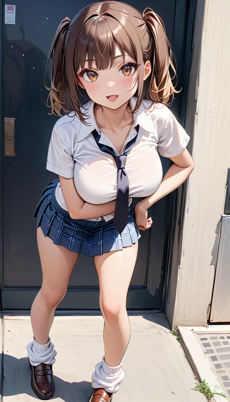 (1girl, sharp focus solo), (full body portrait image:1.4), (Masterpiece, Super realistic anime girl, Super details, Super Highest Quality, Super Highest photo realistic), super cute and beautiful girl, (fine atmosphere:1.3), You are a professional photographer Photographing my girlfriend, Very Japanese gal, Wearing navy plaid pleat mini skirt, False eyelashes, Pearl pink glossy lips, Unbuttoned white shirt, (kawaii erotic girl:1.3), (brown eyes:1.4), big round chest, (Wider at the hem flabby large in size Super Loose long baggy Socks:1.4), (loafer), (An innocent 16-year-old cute Japanese girl:1.4), (skin fang:1.4), Extremely Realistic, open mouth, half close eyes, slim waist, (tanned skins:1.4), slim beautiful legs), a girls incoming, black pupils, dark brown color hair style, high school gal, (torogao:1.4), dark brown hair color, two side up hair style, hair pin, (cute Asian gal:1.4), (wide stans legs standding:1.4), white bangs, shirt out over on skirt, super slim beautiful thigh legs, black long loose necktie, satin under wear,