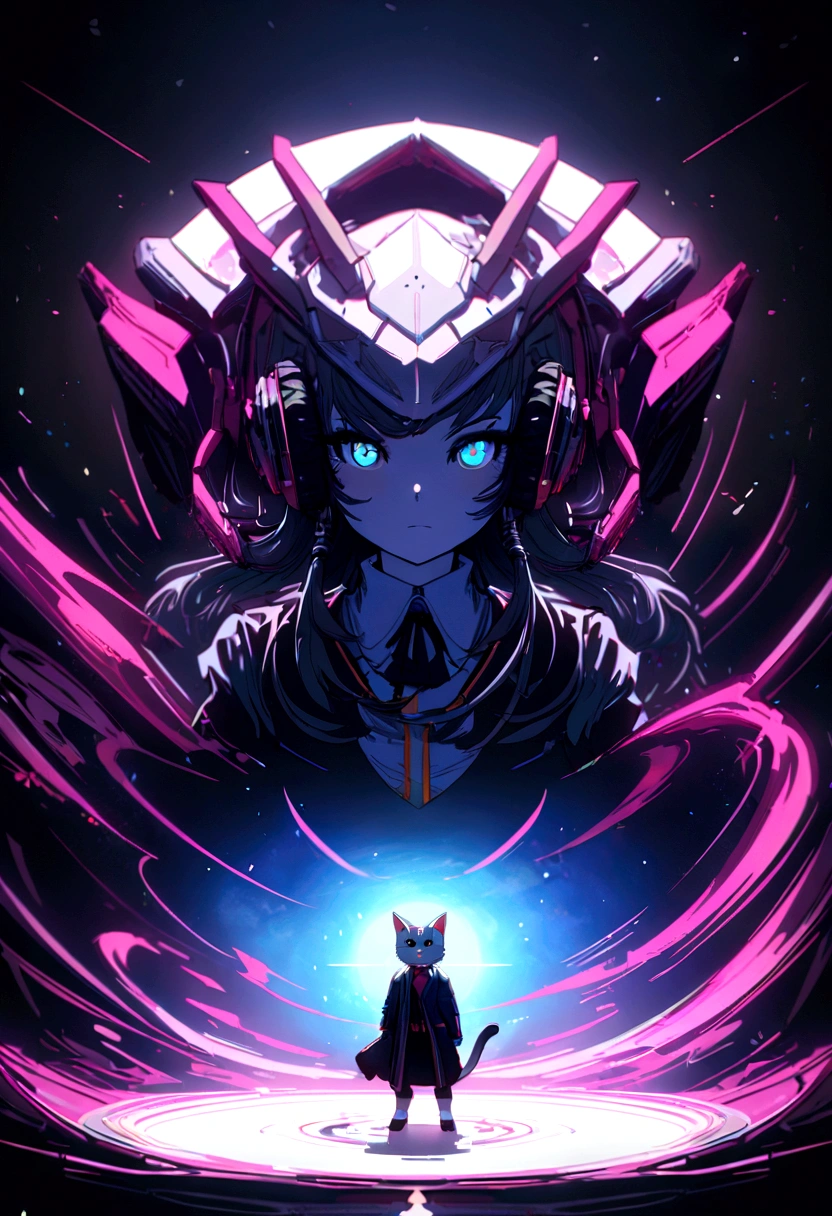 Perfect centering, Cute kitten, Wear a school jacket, Wear sunglasses, Wearing headphones, Standing position, Abstract Beauty, Centered, Looking into the camera, To the camera, Near perfect, dynamic, moonlight, Very detailed, Digital Painting, artステーション, コンセプトart, Smooth, Sharp focus, 8K, High resolution, figure, art：Carne Griffith、Vadim Kashin, White Background