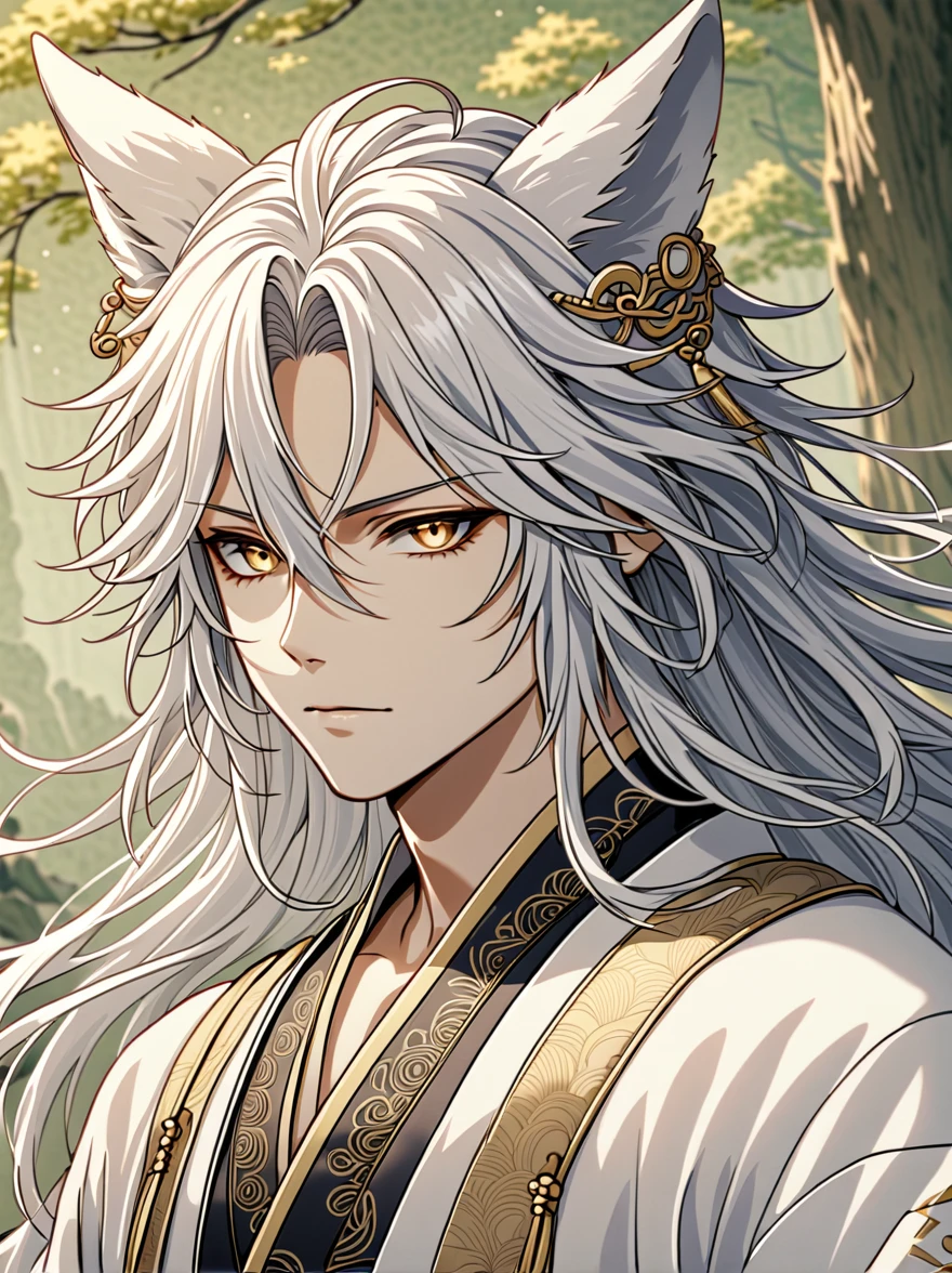 ((Highest quality)), ((masterpiece)), (detailed), ((Perfect Face))、Miyabi、male,  銀髪のmale性キャラクター。He has been, Flowing hair and piercing golden eyes..。It has white fox ears on its head。
performance: 真剣なperformanceをしています。
He was wearing a presenter-style outfit, mainly white...、Sword in hand。chinese style clothing、Contains intricate patterns and textures。
 The color scheme is based on white and gold...、キャラクターのdetailedな陰影、chinese style clothing
背景: The background has the atmosphere of a wilderness battlefield.、キャラクターのdetailedを強調するように設計。
 Anime Style、Characterized by delicate lines and soft shadows.。Realistic yet stylish.、Subtle gradients and textures are used。
The characters exude a calm and relaxed atmosphere...、It gives a slightly mysterious and fantastical impression...。