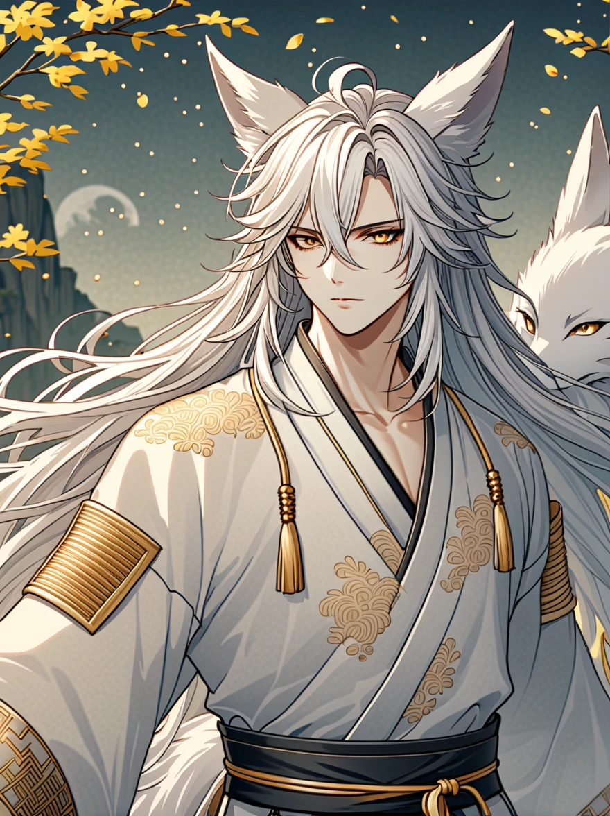 ((Highest quality)), ((masterpiece)), (detailed), ((Perfect Face))、Miyabi、male,  銀髪のmale性キャラクター。He has been, Flowing hair and piercing golden eyes..。It has white fox ears on its head。
performance: 真剣なperformanceをしています。
He was wearing a presenter-style outfit, mainly white...、Sword in hand。chinese style clothing、Contains intricate patterns and textures。
 The color scheme is based on white and gold...、キャラクターのdetailedな陰影、chinese style clothing
背景: The background has the atmosphere of a wilderness battlefield.、キャラクターのdetailedを強調するように設計。
 Anime Style、Characterized by delicate lines and soft shadows.。Realistic yet stylish.、Subtle gradients and textures are used。
The characters exude a calm and relaxed atmosphere...、It gives a slightly mysterious and fantastical impression...。