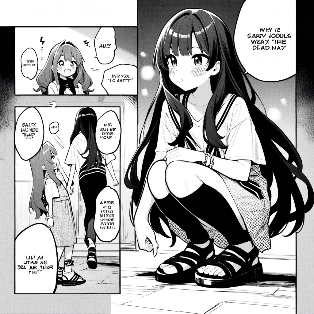 1girl, rei \(rei's room\), moketa, idolmaster, gakuen idolmaster, shinosawa hiro, aged down, bracelet, comic, hand on another's leg, jewelry, long hair, sandals, shoes, sneakers, squatting, very long hair, absurdres, greyscale, hatching \(texture\), depth of field, english text, speech bubble, ((very aesthetic, best quality, ultra detailed))