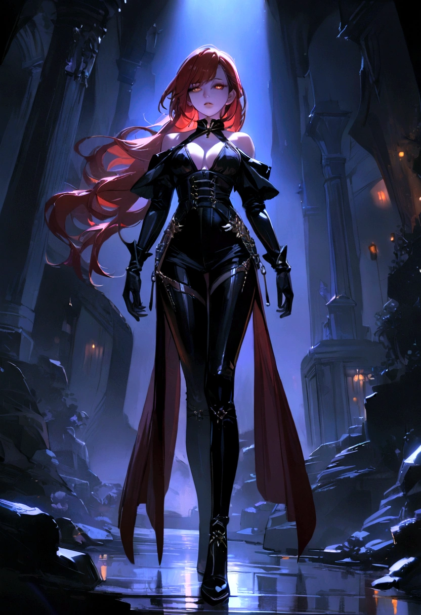 1girl, gothic girl, dark place, night, redhead, short daring outfit, detailed facial features, extremely detailed eyes and face, long eyelashes, moody atmosphere, dramatic lighting, cinematic, dark fantasy, rich colors, dramatic, chiaroscuro, dramatic shadows, atmospheric, (best quality,4k,8k)ultra-detailed,.full body, sexy styler.,