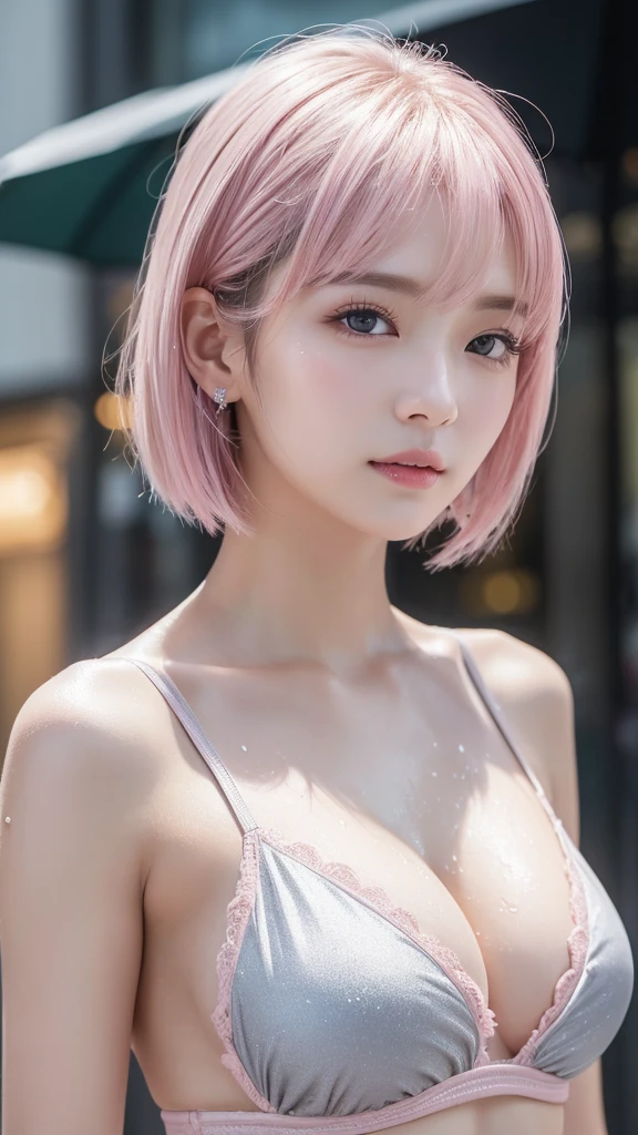 ((Highest quality、8K、masterpiece:1.3))、Sharpness:1.2、Perfect body beauty:1.4、Slim Abs:1.2、((Silver and pink two-tone color short hair style、Big Breasts:1.2))、(Wetた白いシャツ:1.1)、(Rainy City Street:1.2)、Wet:1.5、Highly detailed face and skin texture、Fine particles、double eyelid、Eyes sparkling、Profile looking at the camera、tits