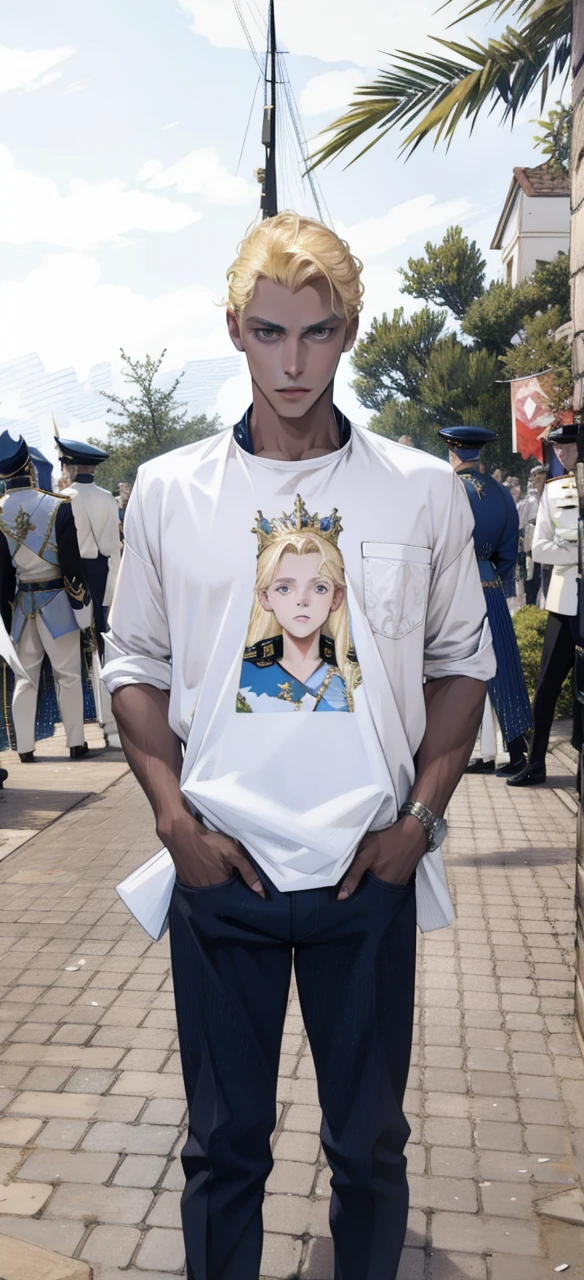 (masterpiece, best quality), 1 male, mature, aged up:1.4, tall muscular guy, broad shoulders, finely detailed eyes and detailed face, extremely detailed CG unity 8k wallpaper, intricate details, Fantasy, royal, nobleman, Admiral, blonde hair, fleet commander, navy, commander, white uniform, ocean,