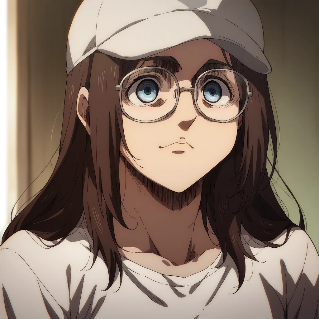 shingeki_no_kyojin_s4_style, long hair, brown hair, glasses, blue eyes, white base ball cap, white t-shirt with Japanese words on it, happy