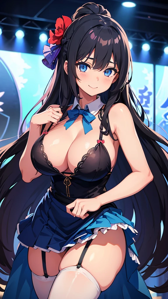 best quality,extremely detailed,anime style,1adult girl,Long hair down to the waist,straight hair,Dark black hair with bluish,Braid on top of the head,beautiful detailed eyes,pinched eyes,dark blue eyes,((huge breasts)),smile,garter belt,princess motif white base idol dress,Fluttering and mysterious clothes,hair ornament,blue idol stage,dance,((((in aikatu style)))),fullbody
