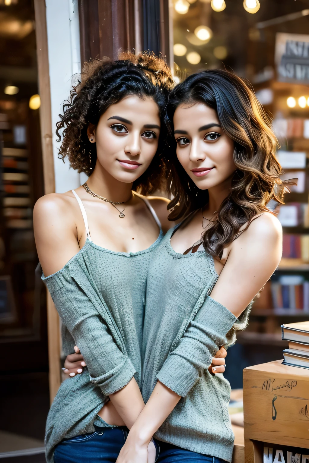 2heads, female couple, age 28, two heads on one body, one torso, hipsters, middle eastern, curly hair, hipster fashion, in bookstore,