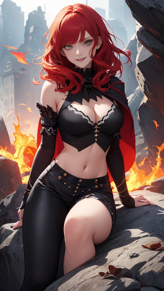 (high quality, masterpiece, Detailed), fire city Detailed scenario, fire city Detailed background, alone, Red hair, madelynepri, 1 Frau, black cape, black crop top, lederhosen, sleeve, navel, perfect face, evil smile, sit on a rock, beautiful eyes, look at the viewer, sexy Pose