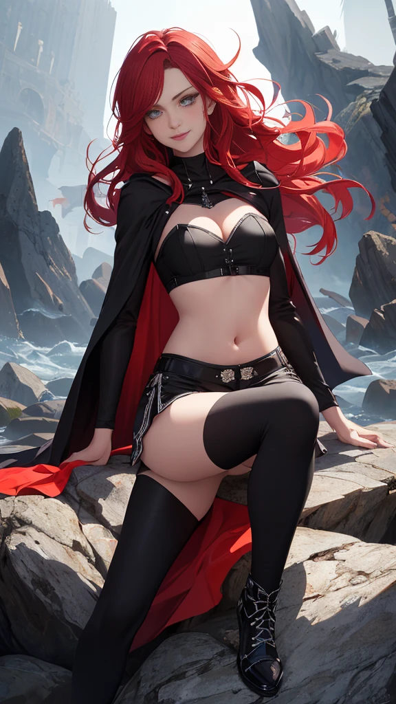  ((best quality)), ((masterpiece)), (detailed), 1girl, NSFW, small breasts, prominent collarbones, skinny arms, flat stomach, visible hip bones, long hair, red hair, white hair, blonde hair, dark hair, ponytail, thick ponytail, heavy ponytail, red and white clothing, Bloodborne inspired, occult aesthetic, occult, detailed and intricate steampunk and detailed gothic, NSFW Fluttering lace frilly petticoats, pleated petticoats 