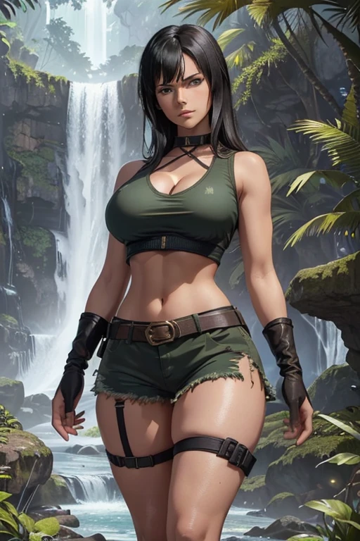 (masterpiece), best quality, expressive eyes, perfect face, front lighting, (deep jungle with waterfall background), (walking), (seductive look), (cleavage view), (1girl, Nico Robin, milf, latina, dark skin, short black hair with bangs, straight flat hairstyle, brown eyes, hourglass figure, thick body, curvy body, large breasts, huge breasts, oppai, large cleavage, wide hips, thick thighs), (torn clothes, ripped clothes, torn military-green tanktop, croptop, sleeveless, exposed cleavage, exposed underboobs, torn military-green shorts, cameltoe, military hip holster, hip belt with ammunition, single thigh belt, finger cut wrist gloves, military straps with ammunition, armlets),