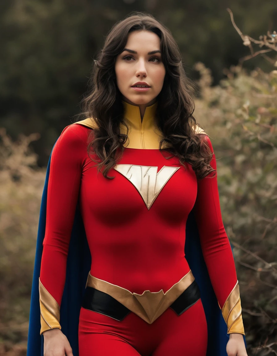 professional portrait photo of Grccrlncrry woman, looking at the camera, highly detailed, skin texture, cosplaying as Mary Marvel of the DC universe of comics. Busty outfit and skin tight costume. Curvaceous figure, large breasts.