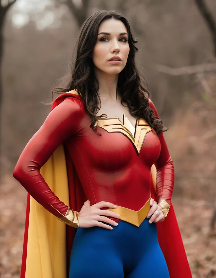 professional portrait photo of Grccrlncrry woman, looking at the camera, highly detailed, skin texture, cosplaying as Mary Marvel of the DC universe of comics. Busty outfit and skin tight costume. Curvaceous figure, large breasts.