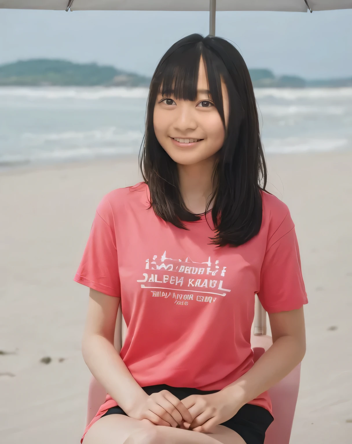 Highest quality,Super detailed,One high school girl,Midsummer beach,Illuminated by strong sunlight, Wearing a white T-shirt,Wearing a swimsuit,Sitting with knees together,Legs closed,Turn slightly to the side and look at me,sitting under a big beach umbrella,Casual style,Posing for a photo