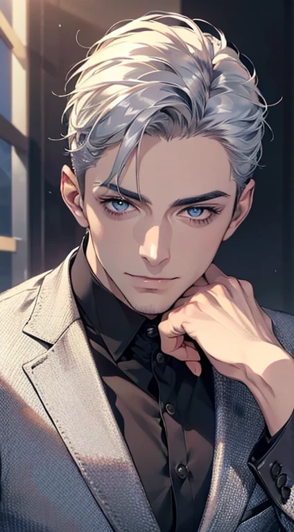 (best quality,4k,8k,highres,masterpiece:1.2),ultra-detailed,(realistic,photorealistic,photo-realistic:1.37),1 man,31 years old,mature man,very handsome,without expression,smile,short silver hair,blue eyes,penetrating gaze,perfect face without errors,imposing posture,businessman,office background,cinematic lighting,hdr image