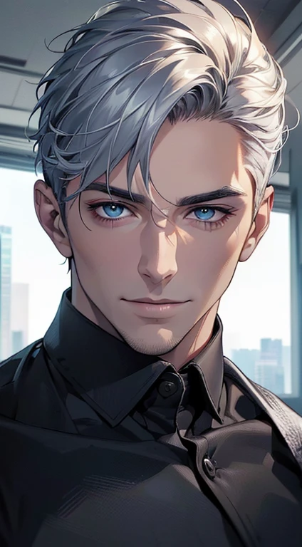 (best quality,4k,8k,highres,masterpiece:1.2),ultra-detailed,(realistic,photorealistic,photo-realistic:1.37),1 man,31 years old,mature man,very handsome,without expression,smile,short silver hair,blue eyes,penetrating gaze,perfect face without errors,imposing posture,businessman,office background,cinematic lighting,hdr image