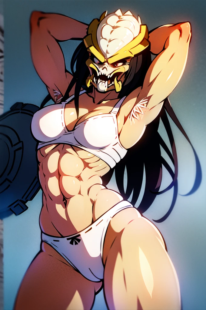 (masterpiece, 4K:1.15)                                                 BREAK                                                                                   ((muscler predator with  white underpants and bra, breast, perfectly detailed anatomy)):1.2, solo, 1girl                                                                           BREAK                                                                          white panties, white bra, white bra straps         
BREAK                                                                                     frontal view, arms behind head, white backgrounds