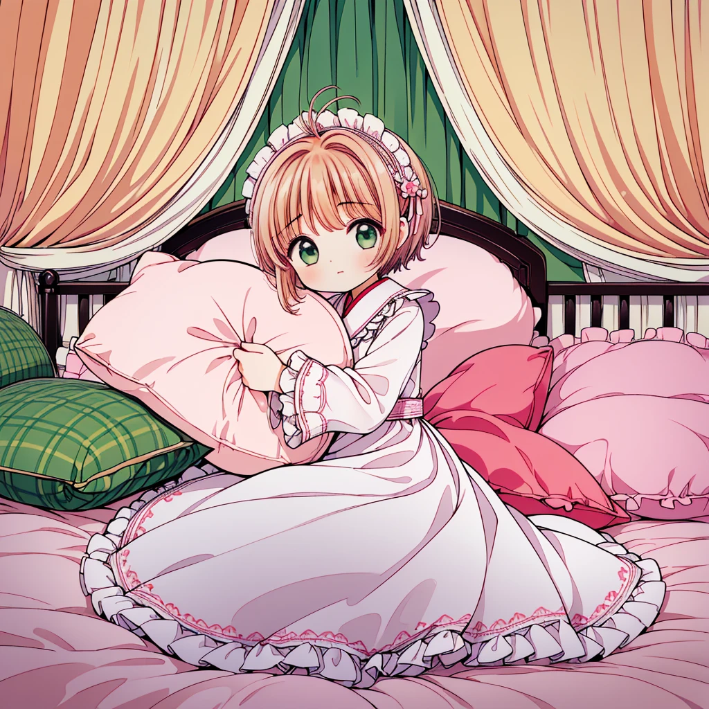（masterpiece，best quality，best quality, masterpiece），my own, , , (适合任何Pillow背景的光影））, 穿着pajamas可爱女孩在Pillow上摆姿势 ，pajamas，,（很多Pillow），Soft cushion，，，，很多Pillow，，，（Pillow），（A tail），，（充满细节的Pillow），（Love around the protagonist），Steam，，（Pillow），（palace），（Palace bedroom），（Pillow），柔软的Pillow，，（Classical European style bedroom ），（excited，shy person，Lack of expressiveness，），，, ((Maximum resolution)), artwork, ，,,(Interior of the palace),,(Deluxe Rococo Canopy King Bed),On a big and spacious bed,(),,,,Luxurious curtains with ornate ruffles and ribbons surround the bed,((((There are many pillows piled on the bed)))),Detail of Quilt,Detailed bed sheets,Ruffled Bed Skirt,Deep Bed,Background with depth,((详细的Pillow)), ((((大量的Pillow))))，,Shaking lines，,Flowing liquid，Violent body shaking，Violent shaking lines，详细的软Pillow,,((女孩正躺在许多柔软的Pillow上,周围有许多Pillow))，。Many small feathers fluttering、 带褶边和缎带的长裙pajamas、In a huge, Large canopy bed、Soft pink sheets and quilt、色彩鲜艳的柔软Pillow、很多带褶边的Pillow和带褶边的床裙、Soft toned bed、Ruffled curtains around the bed.。Delicate face。Background with depth,kinomoto sakura,(kinomoto sakura, 1girl, brown hair, short hair, antenna hair, , green eyes),,pink dot pillow