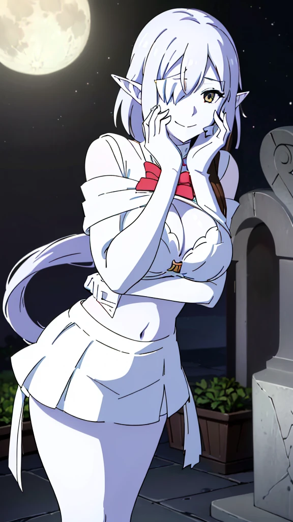 (1girl,20s,mature female),solo,white hair,long hair,(((white skin,colored skin))),elf ears,(((hair over one eye))),((white bra,white pencil mini skirt)),(night,moon,graveyard),(smile,yandere,yandere trance),hands on own face,hands on own cheeks,((mummy costume))
