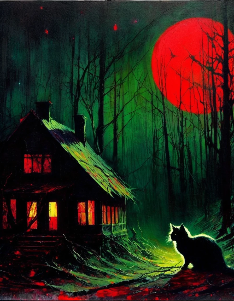 satanic cat, dark forest, abandoned house, red moon (art inspired in Bill Sienkiewicz). oil painting)