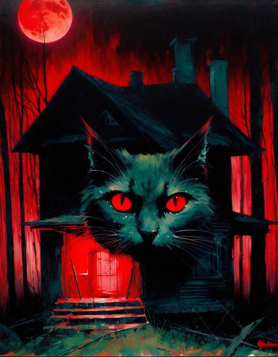 satanic cat, dark forest, abandoned house, red moon (art inspired in Bill Sienkiewicz). oil painting) 