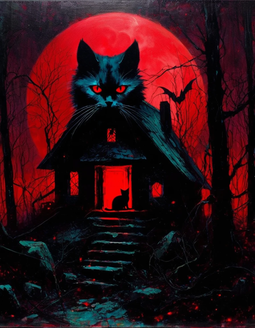 satanic cat, dark forest, abandoned house, red moon (art inspired in Bill Sienkiewicz). oil painting)