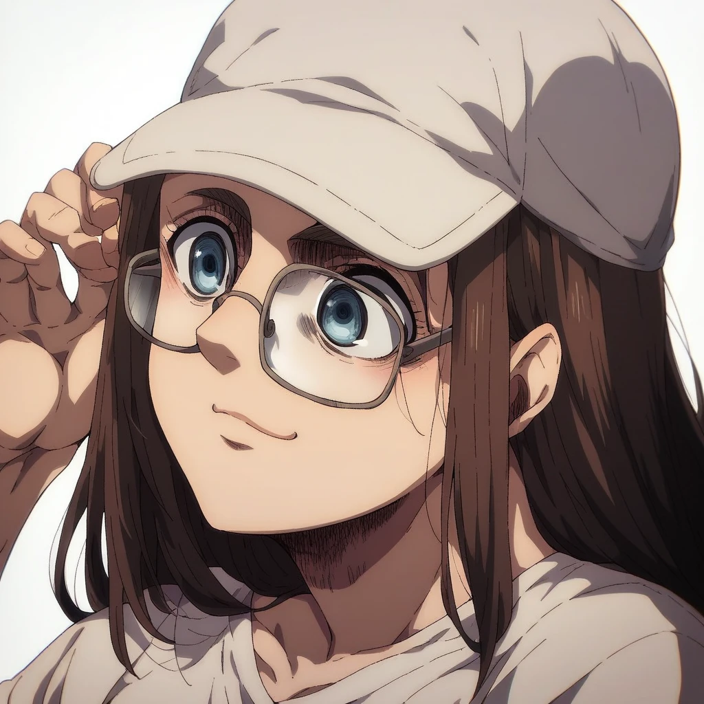 shingeki_no_kyojin_s4_style, long hair, brown hair, glasses, blue eyes, white base ball cap, white t-shirt with Japanese words on it, happy