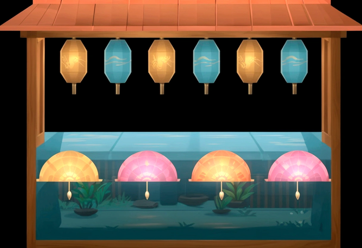 a wooden stand with lanterns and fan's on it, lanterns, colorful lanterns, tileset, street lanterns, temple background, evening lanterns, floating chinese lampoons, 2d game asset, tea drinking and paper lanterns, glowing lanterns, street lanterns glow, background art, 2 d game assets, dim lantern, tileset asset store, hanging lanterns