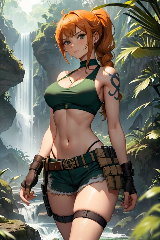 (masterpiece), best quality, expressive eyes, perfect face, front lighting, (deep jungle with waterfall background), (walking), (seductive look), (cleavage view), (1girl, Nami, 18 years old, orange hair, long hair, ponytail braid hairstyle, brown eyes, hourglass figure, left shoulder tattoo, skinny body, thin body, petite_body, small breasts, wide hips, thick thighs), (torn clothes, ripped clothes, torn military-green tanktop, croptop, sleeveless, exposed cleavage, exposed underboobs, torn military-green shorts, cameltoe, military hip holster, hip belt with ammunition, single thigh belt, finger cut wrist gloves, military straps with ammunition, armlets),