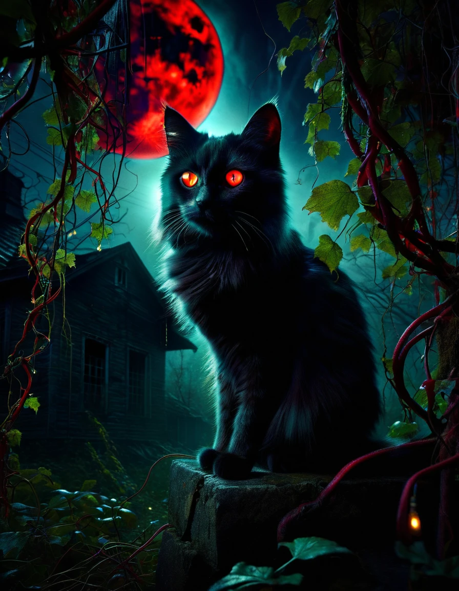 satanic cat, dark forest, abandoned house, red moon, dark fantasy, horror, oil painting, ultra-detailed, (best quality,4k,8k,highres,masterpiece:1.2),ultra-detailed,(realistic,photorealistic,photo-realistic:1.37),HDR,UHD,studio lighting,ultra-fine painting,sharp focus,physically-based rendering,extreme detail description,professional,vivid colors,bokeh,dramatic lighting,dark moody atmosphere,chiaroscuro,dramatic shadows,glowing red moon,overgrown vines,crumbling architecture,sinister cat with glowing eyes