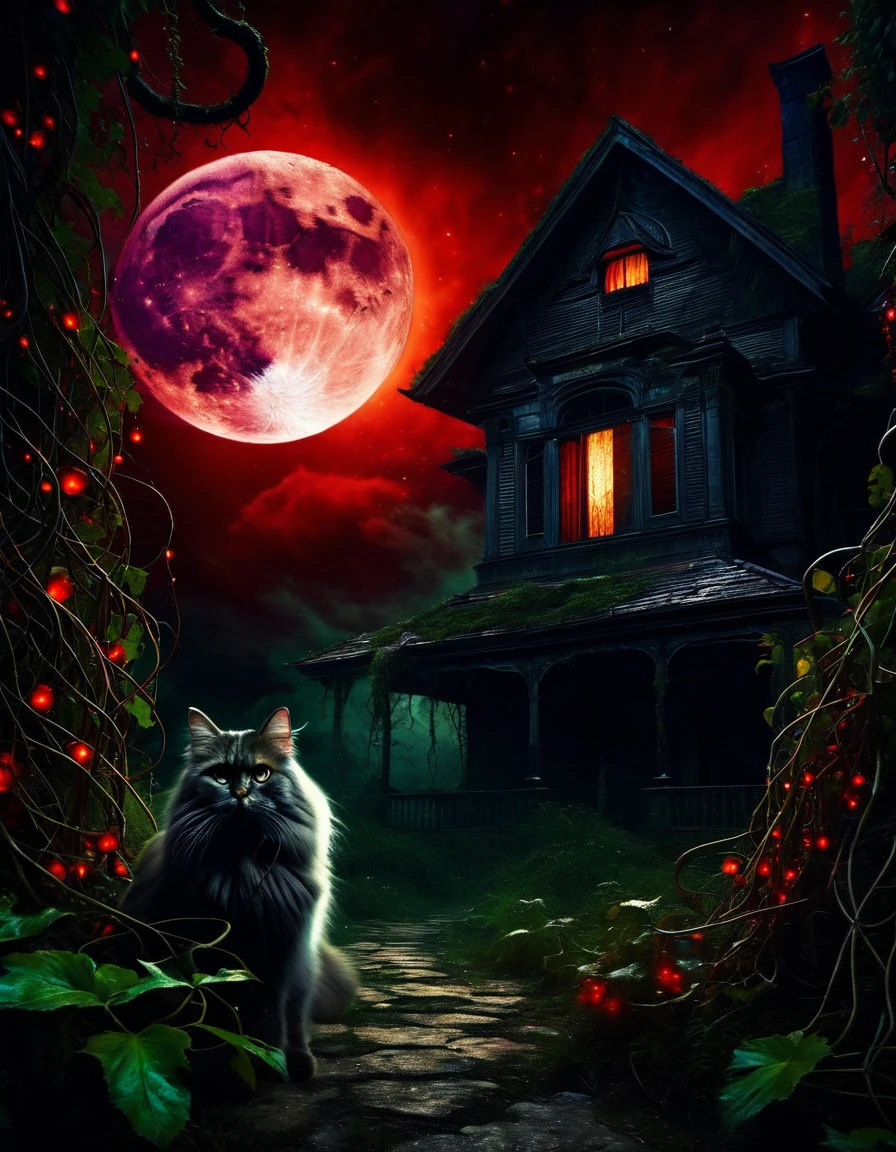satanic cat, dark forest, abandoned house, red moon, dark fantasy, horror, oil painting, ultra-detailed, (best quality,4k,8k,highres,masterpiece:1.2),ultra-detailed,(realistic,photorealistic,photo-realistic:1.37),HDR,UHD,studio lighting,ultra-fine painting,sharp focus,physically-based rendering,extreme detail description,professional,vivid colors,bokeh,dramatic lighting,dark moody atmosphere,chiaroscuro,dramatic shadows,glowing red moon,overgrown vines,crumbling architecture,sinister cat with glowing eyes