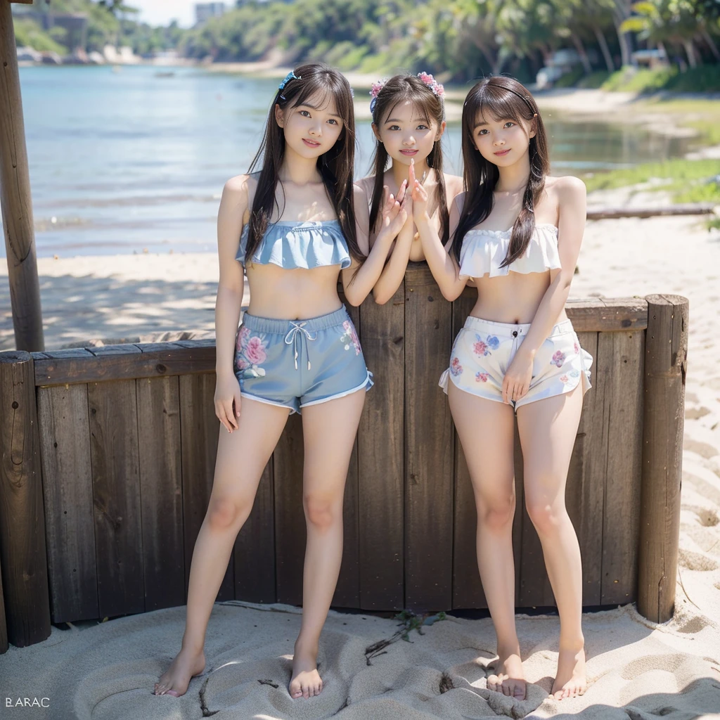 (((barefoot topless young slender beautiful Japanese girls on mud beach))), natural front lighting, ultra sharp focus,braided black twin-tail hair, (((light pale white skin color))),blue large eyes with long eyelashes and double eyelids, dynamic angle,red lip,smile, 3girls, ((waving arms)), ((huge breasts)), (full body shot:2), (((wearing floral frilled shorts))), (beautiful face:2),(((beautiful))), 8k details