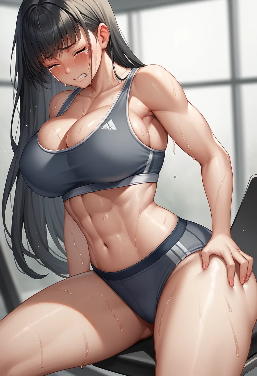 Girl with big breast wearing tight sports bra with angry and shy expression, big thighs, sexy, wearing sports bra, shy, hot, she is sitting on the chair, she is embarrassed, big breast, shy expression, tight sports bra,t, in pain, she is super in pain, dynamic shot, dynamic pose,sweaty, big thighs, horny face, horny, closed eyes, crying, dynamic shot, close up shot, foreshortening shot, she is touching her belly, she is grabbing her butt, she is trying hard, she is naked, she is holding her pee, she is wet, big butt, long hair, black hair, bangs,