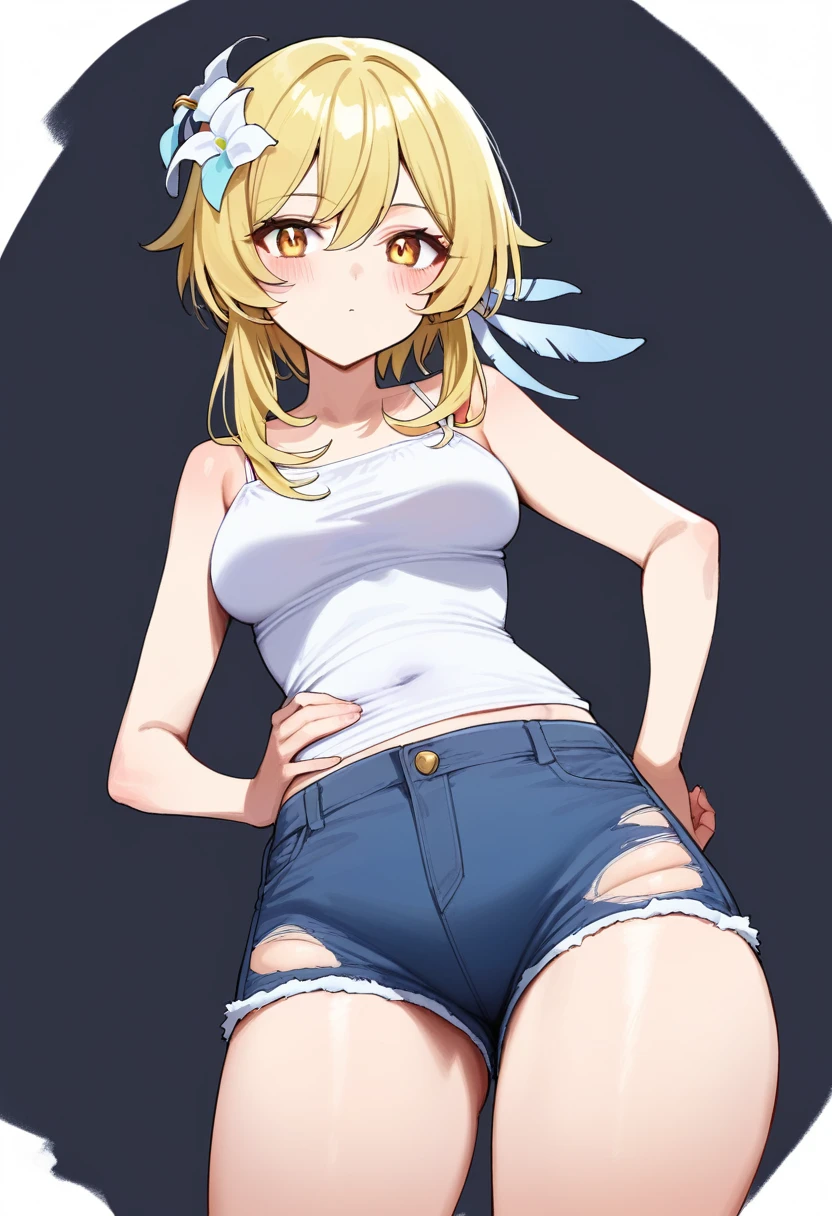 best quality, masterpiece, solo, 1girl, <lora:menma-10:0.9>, simple background, bikini top only, short shorts, smile, blonde hair, ponytail,