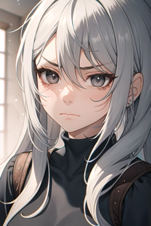 older girl with long light grey hair, grey eyes, and has an apathetic expression on her face